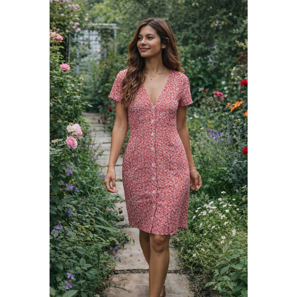 Size:M Zara Red Floral Print Button Front Short Sleeve V-Neck Slip Midi Dress